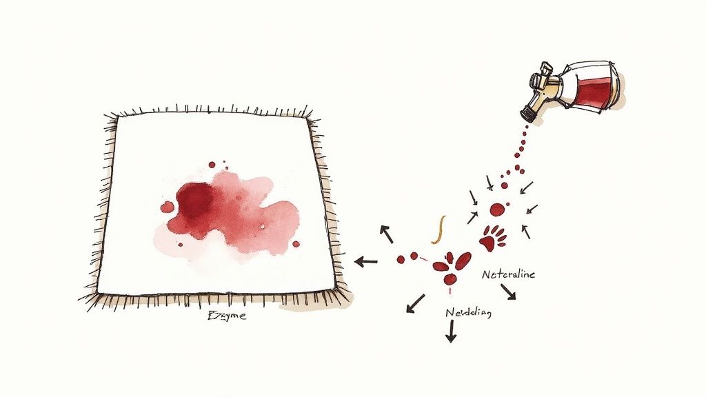 Illustration of a red stain on a white cloth, labeled 'Enzyme,' interacting with dripping cleaning solutions.
