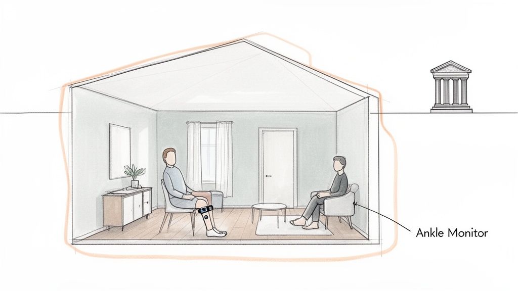 Illustration of a man wearing an ankle monitor on his leg while sitting in a home environment.