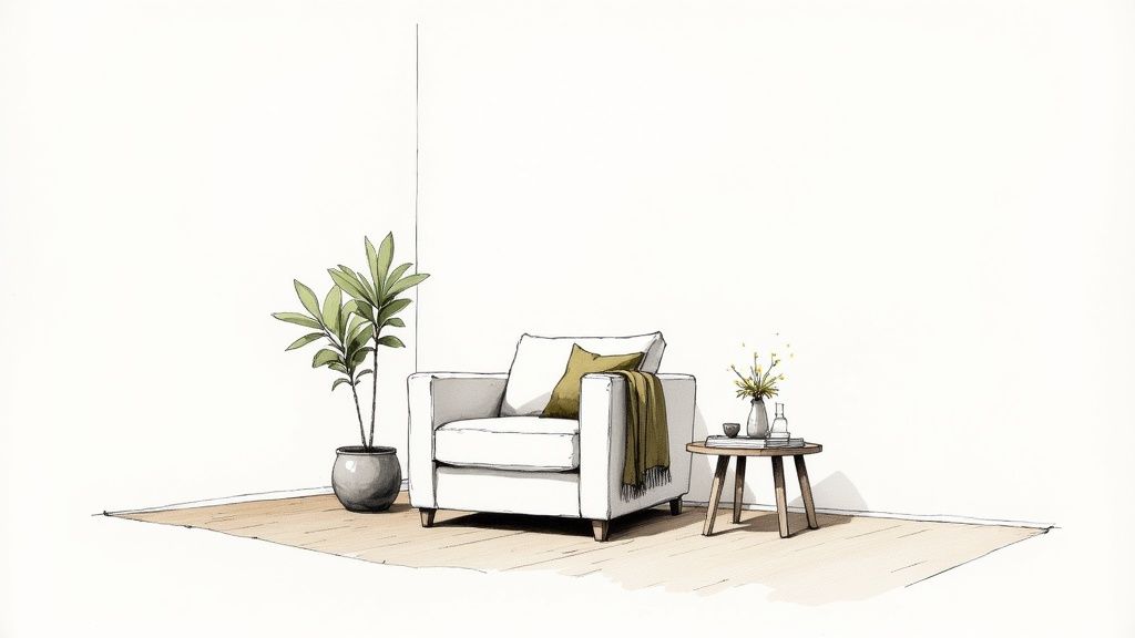 A minimalist watercolor sketch of a comfortable white armchair, a potted plant, and a round side table.
