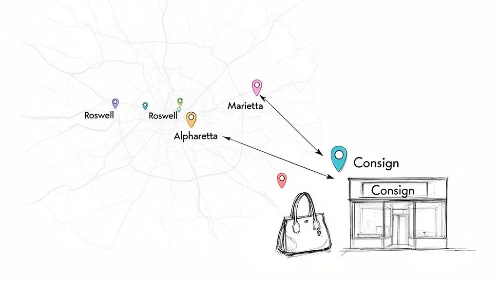 Map illustrating designer bags from multiple cities like Roswell and Marietta being sent to a Consign store.