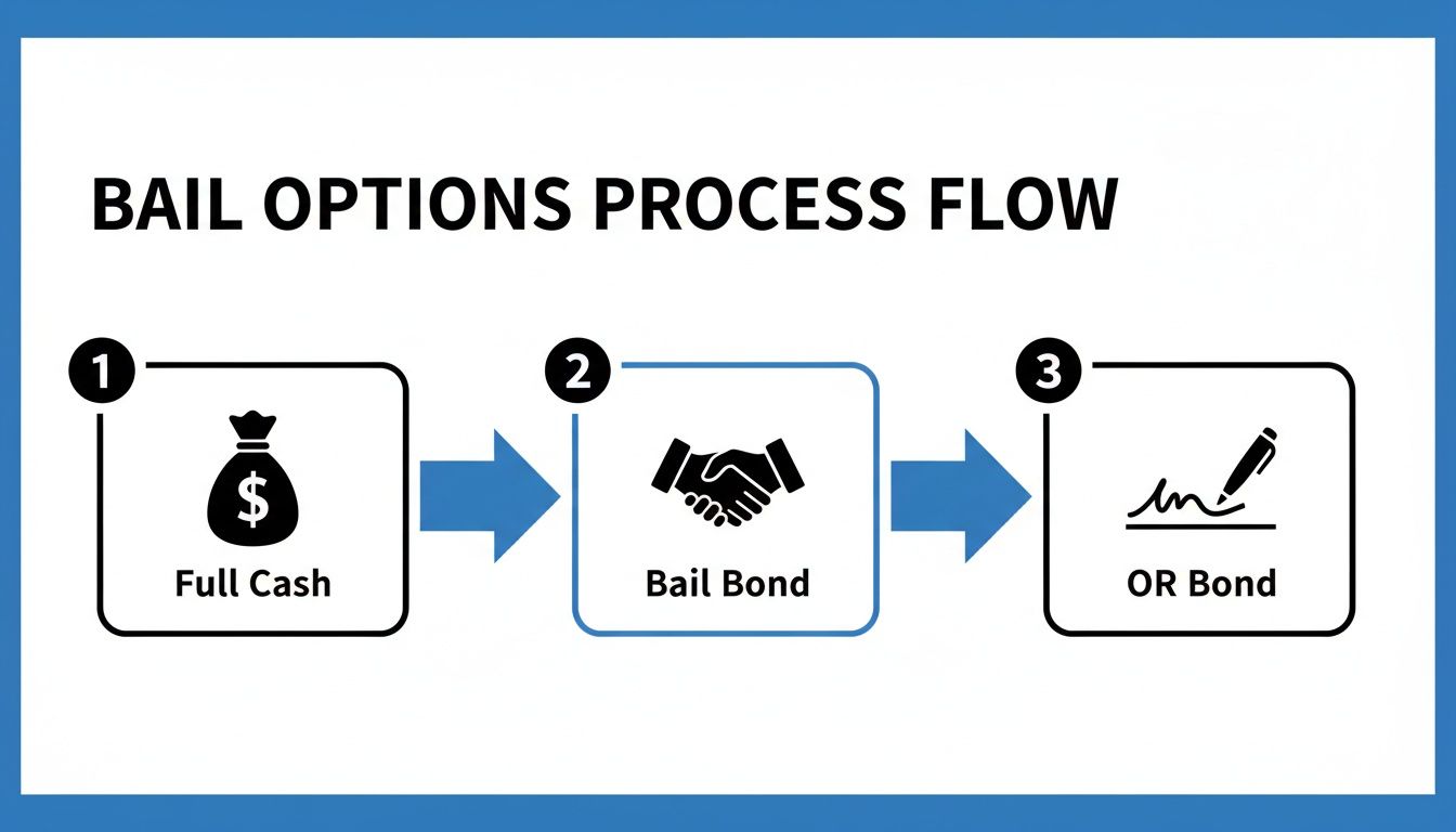 A process flow diagram illustrating three bail options: Full Cash, Bail Bond, and OR Bond.