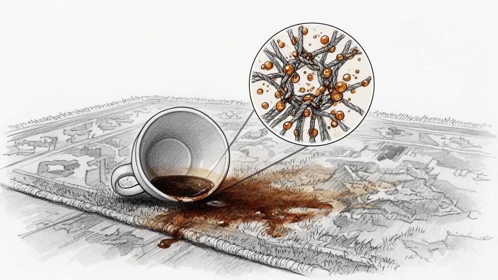 Illustration of a spilled coffee cup on a patterned rug, with a close-up showing coffee droplets on the rug fibers.