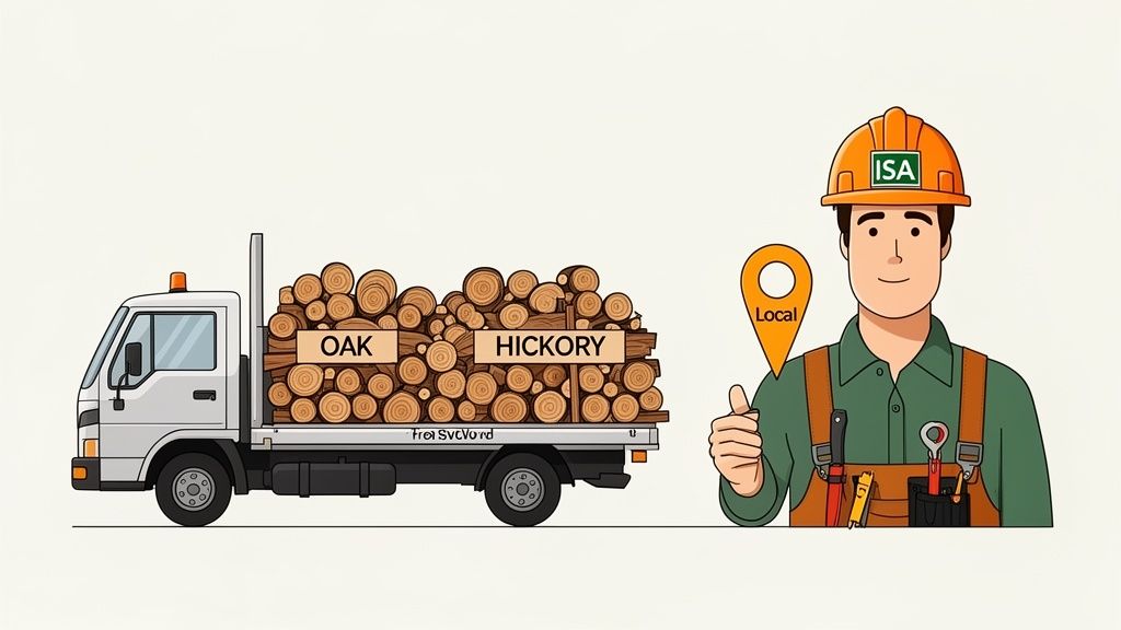 An ISA-certified professional with a local marker next to a truck full of oak and hickory firewood.