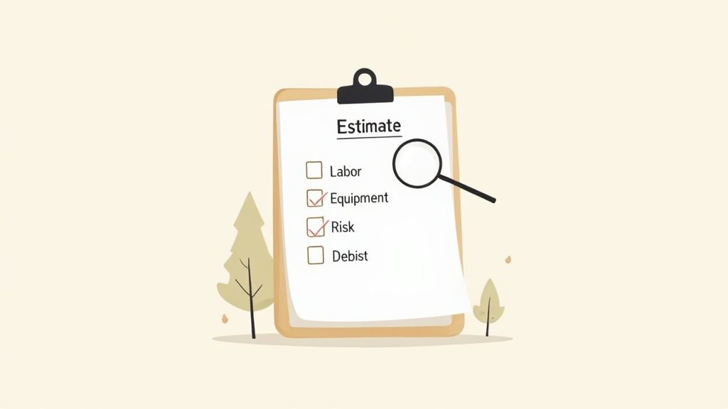 Close-up of a tree service professional writing an estimate on a clipboard.