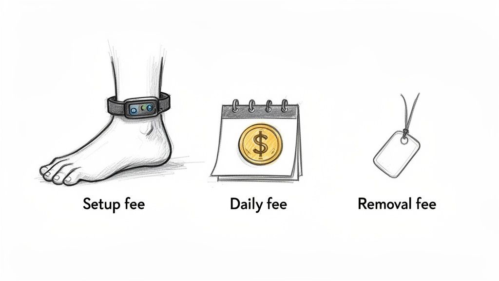 Drawing illustrating the setup, daily, and removal fees for an electronic ankle monitor.