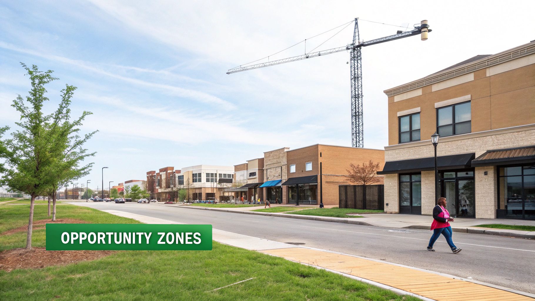 Urban street with new storefronts, a construction crane, and a person walking, highlighting opportunity zones.