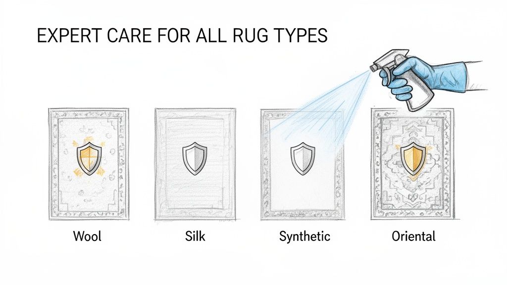 Illustration demonstrating expert care for various rug types, including wool, silk, synthetic, and oriental, with a protective spray application.