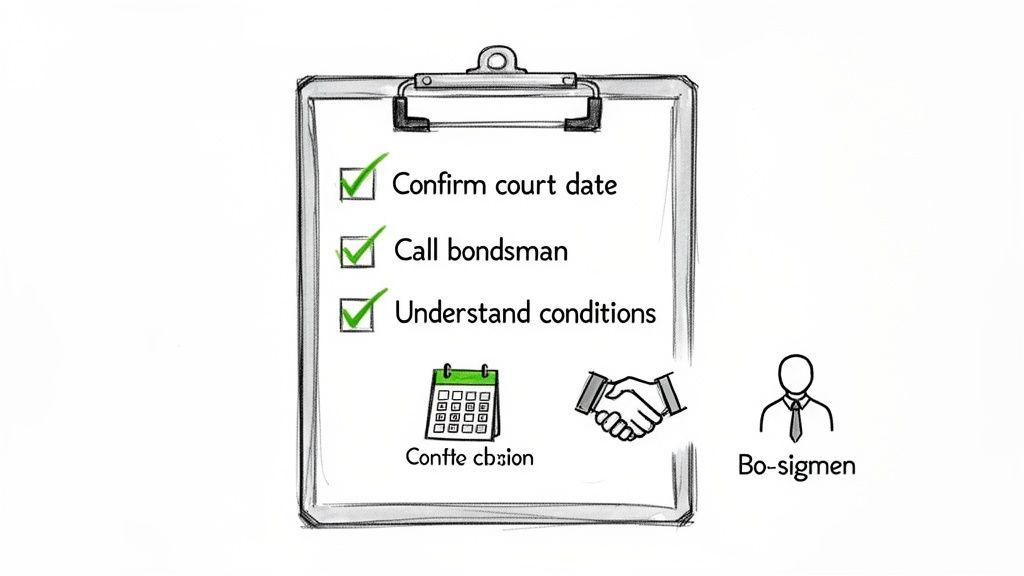 A checklist on a clipboard showing confirmed tasks for court dates, contacting bondsman, and understanding conditions.