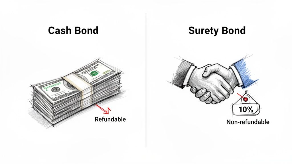 A diagram comparing Cash Bond (refundable money) and Surety Bond (non-refundable 10% premium with handshake).