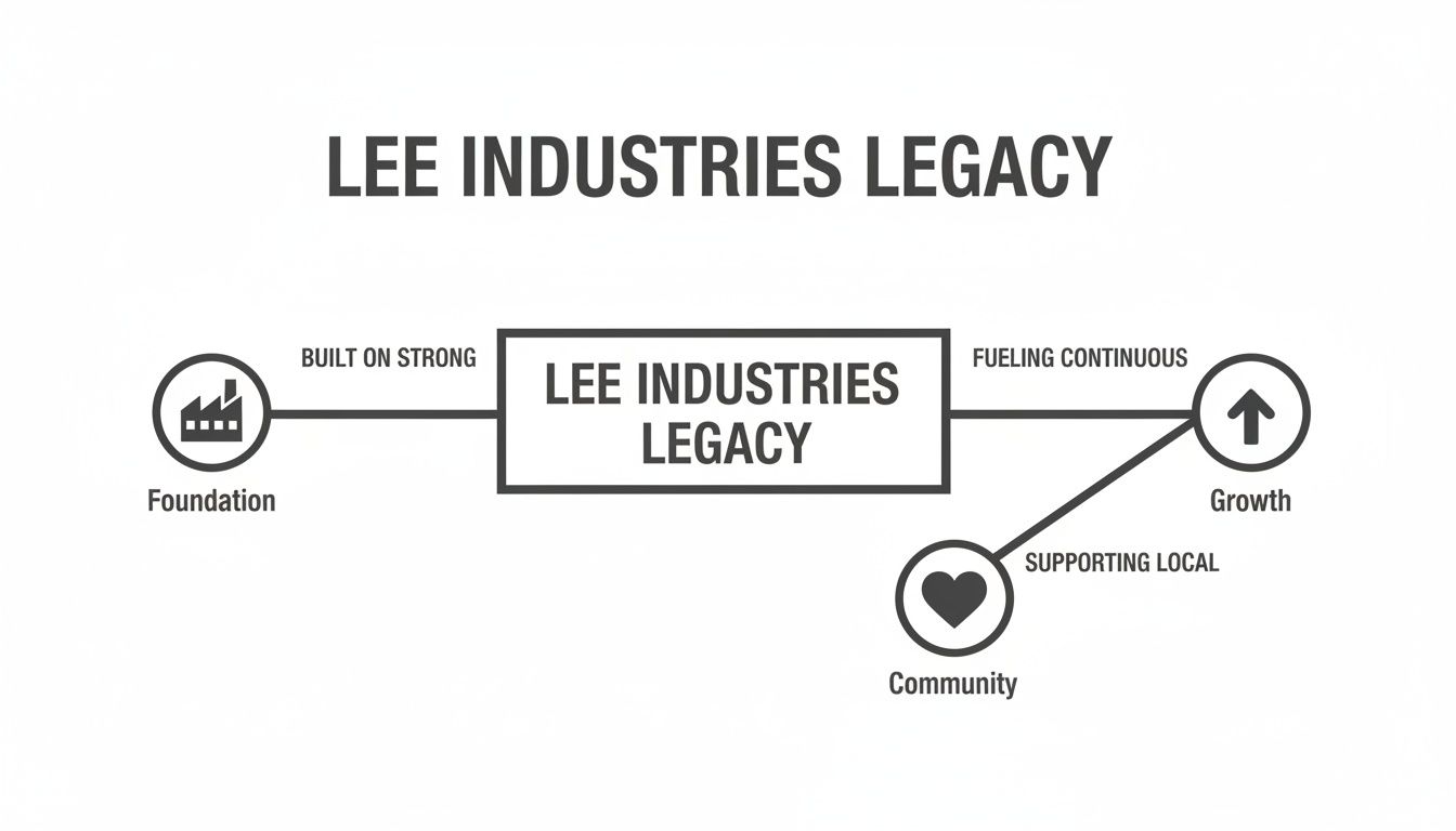 Diagram illustrating Lee Industries Legacy built on strong foundation, fueling continuous growth, and supporting local community.