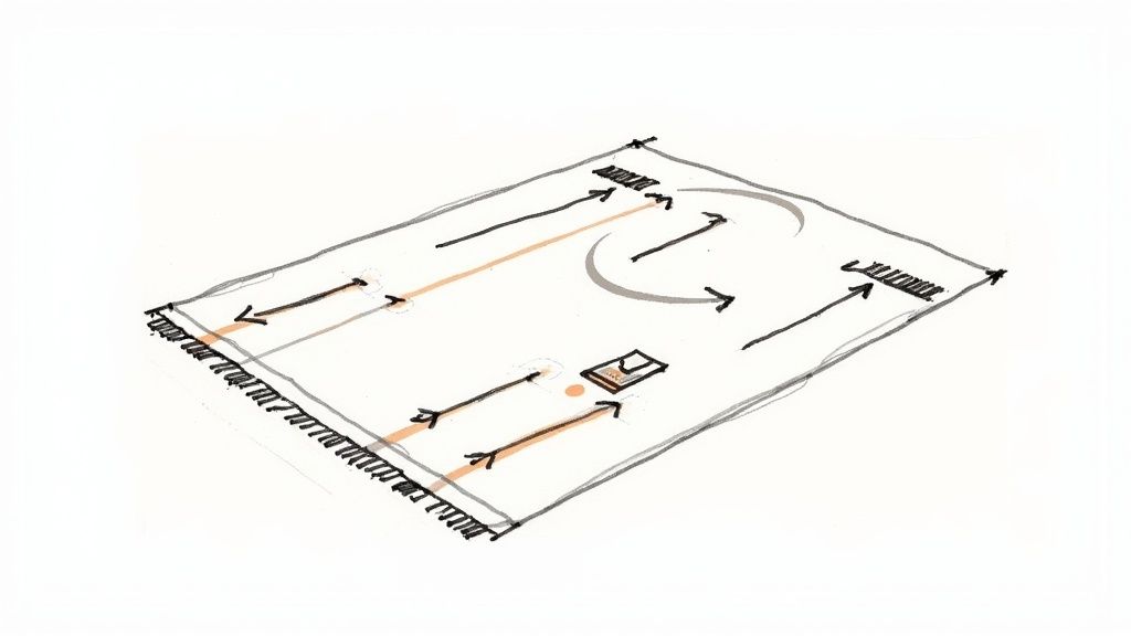 Hand-drawn diagram illustrates a rug with arrows indicating movement or cleaning direction and specific areas.