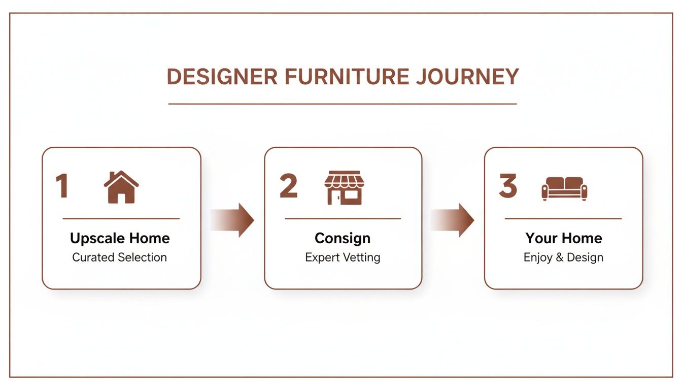 A 3-step flowchart illustrating the designer furniture consignment journey from selection to your home.