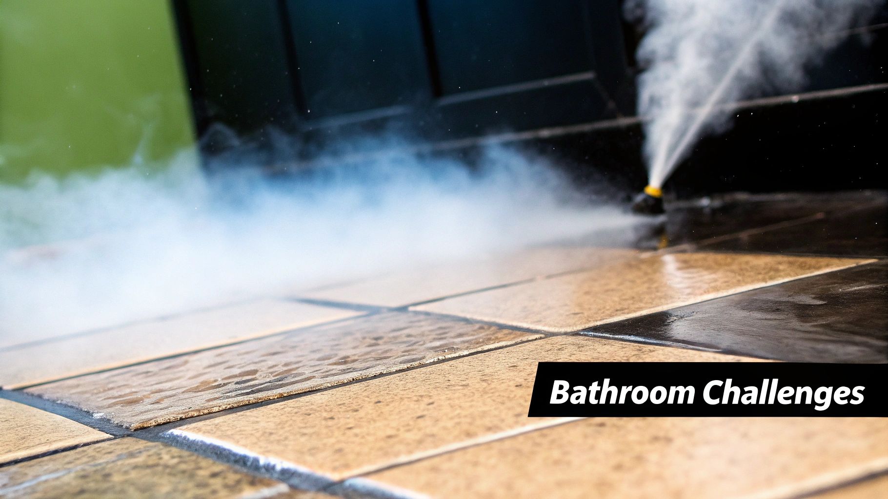Steamy bathroom with a modern floor, illustrating a high-humidity environment.