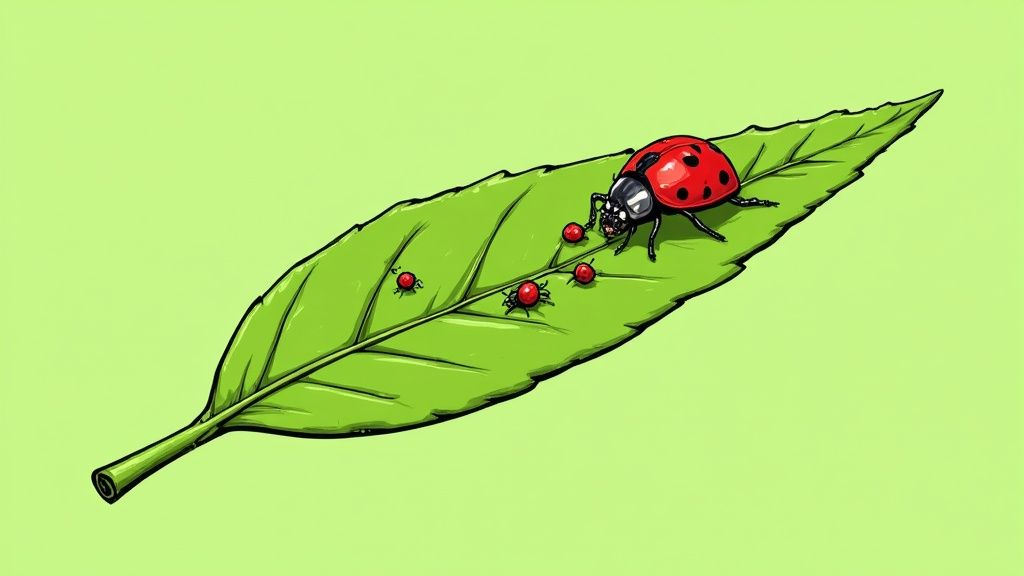 A toolkit representing various IPM control methods, such as gardening gloves, ladybugs, and targeted sprays.