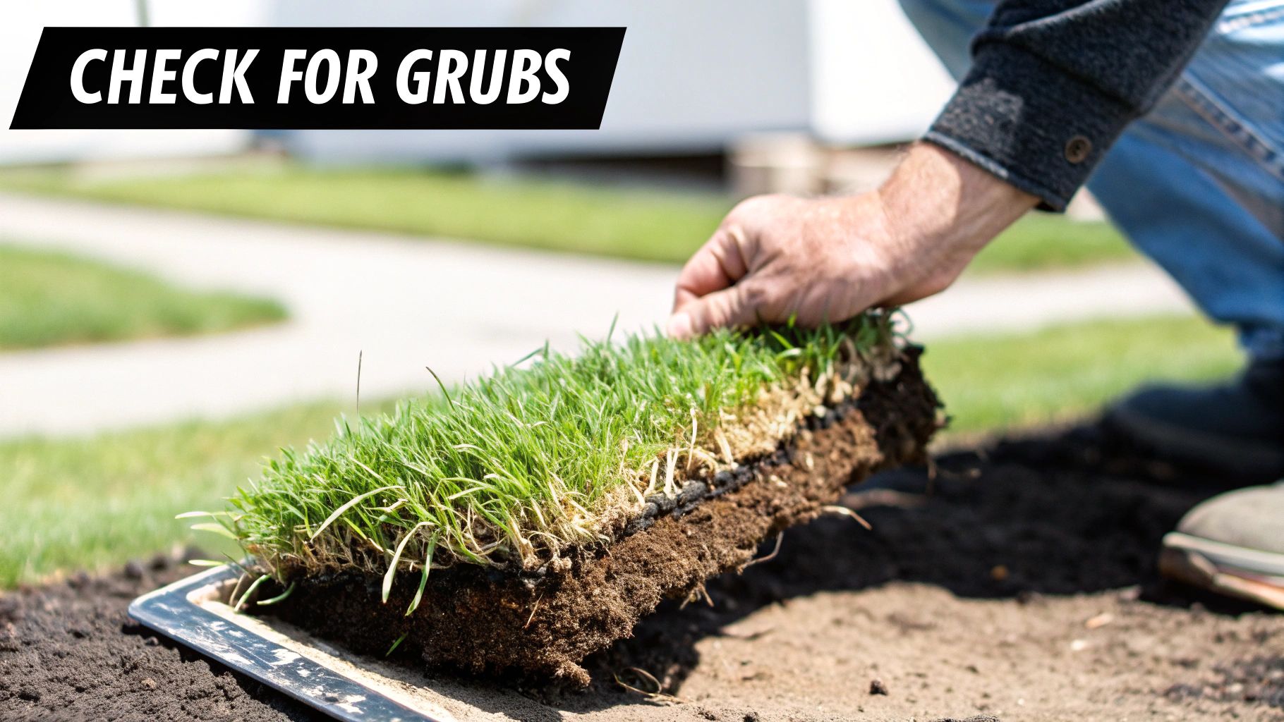 A magnifying glass inspecting the grass and soil for grubs.