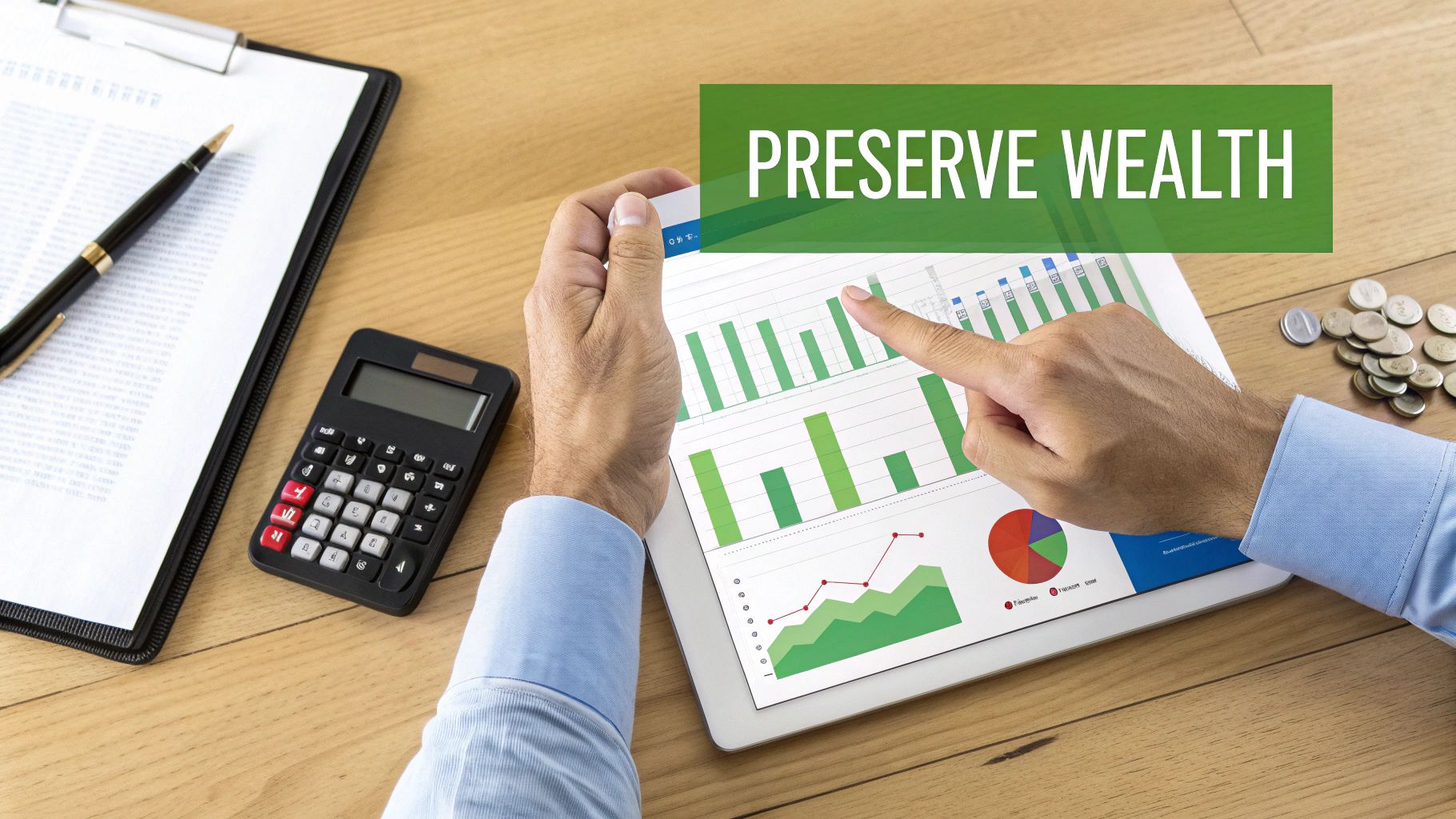 Person analyzing financial charts on a tablet, with a calculator and coins, under a 'PRESERVE WEALTH' banner.