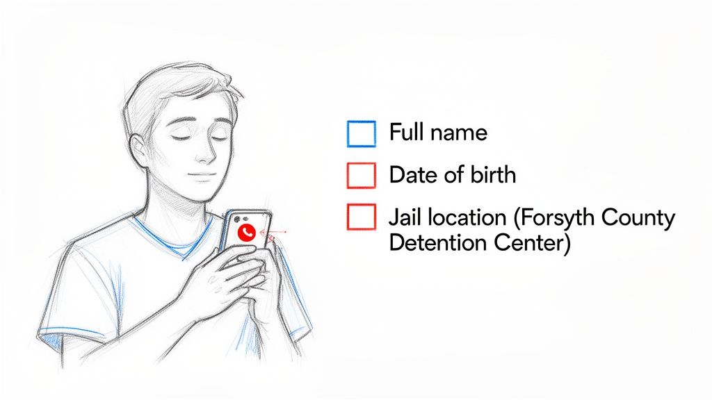 A person looking at a phone, next to a checklist for full name, date of birth, and jail location.