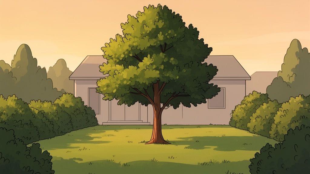 An animated scene of a house, large green tree, and lush lawn at golden hour.