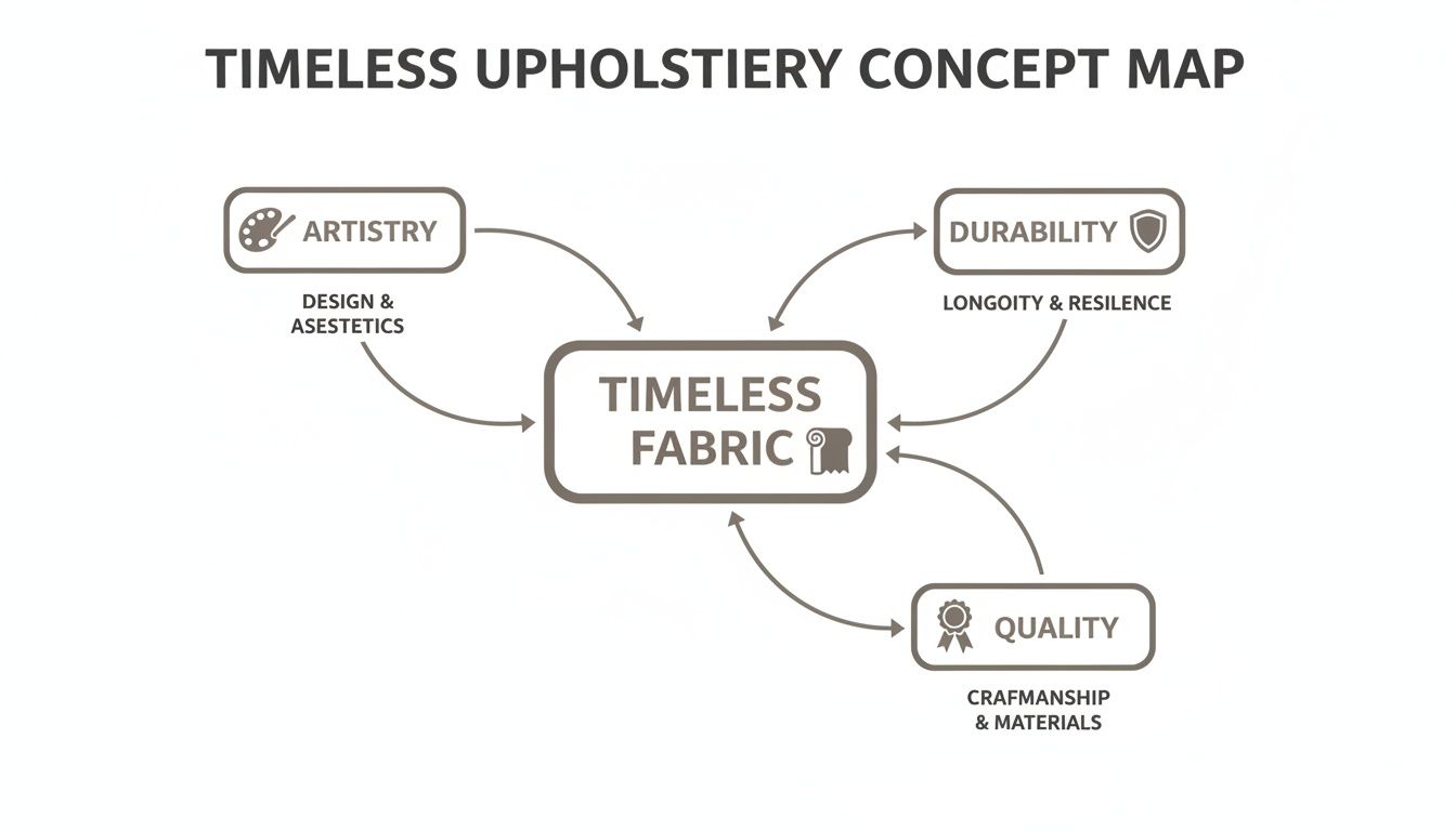 Concept map detailing the key factors: artistry, durability, and quality for timeless upholstery fabric.