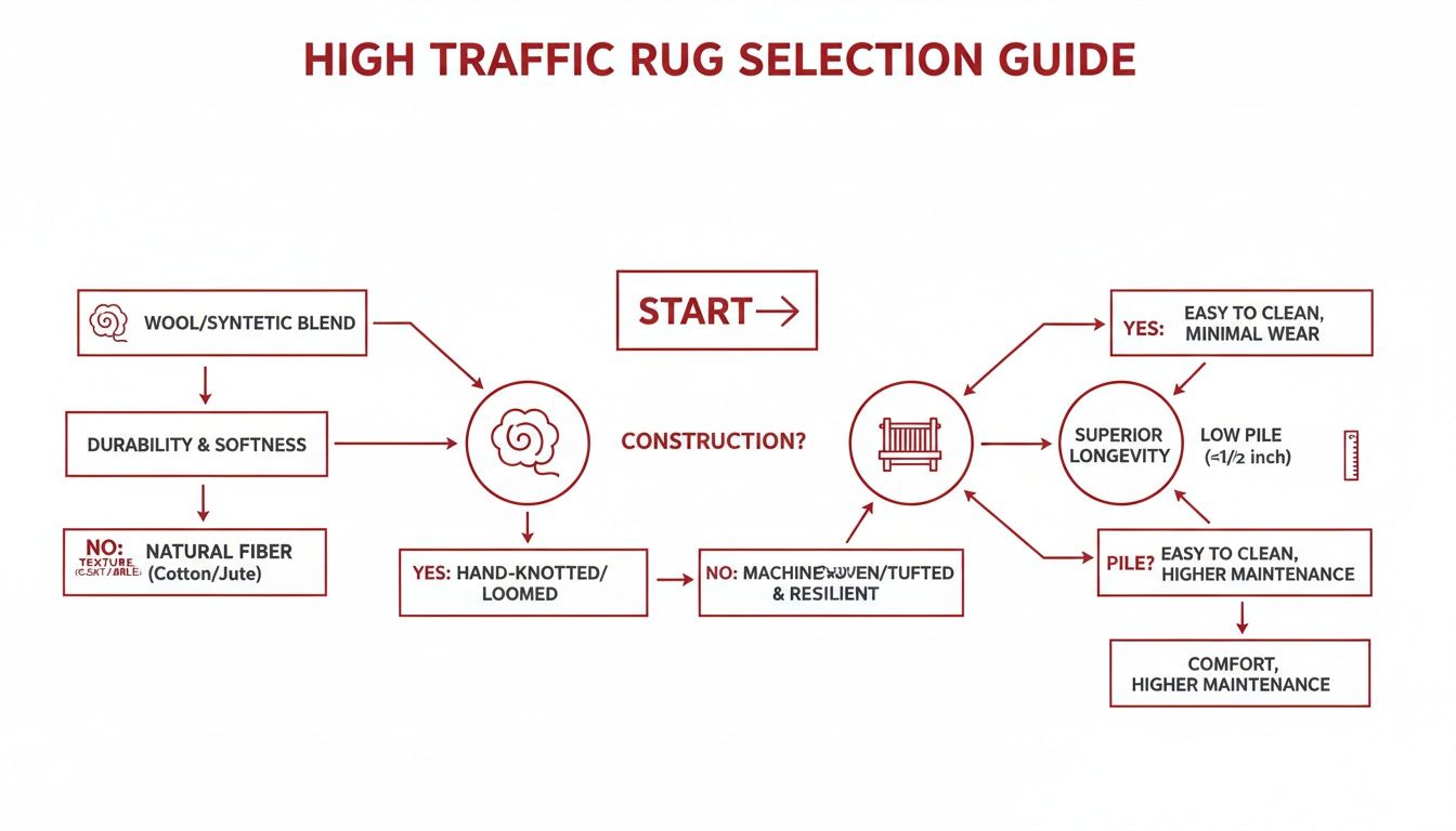 A flowchart guiding the selection of high-traffic rugs, comparing materials, construction, and pile.