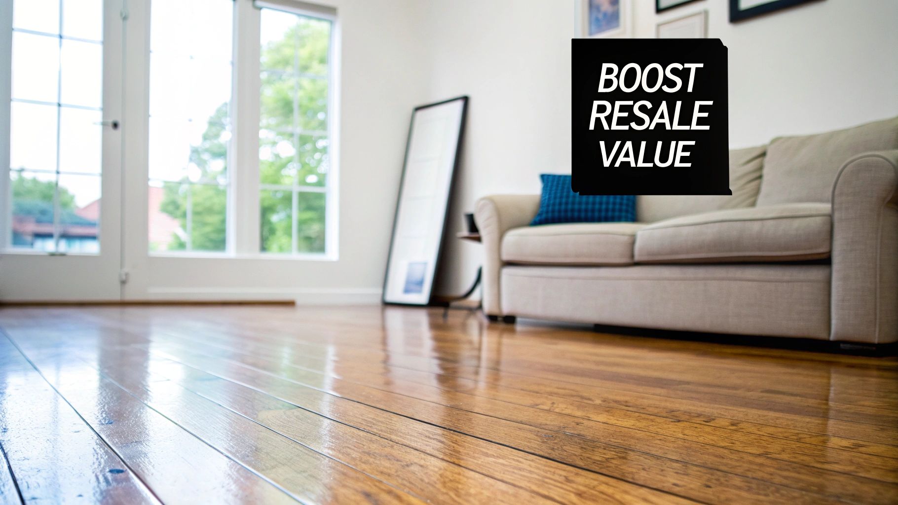 Shiny hardwood floor in a bright living room with a comfortable sofa and large windows.