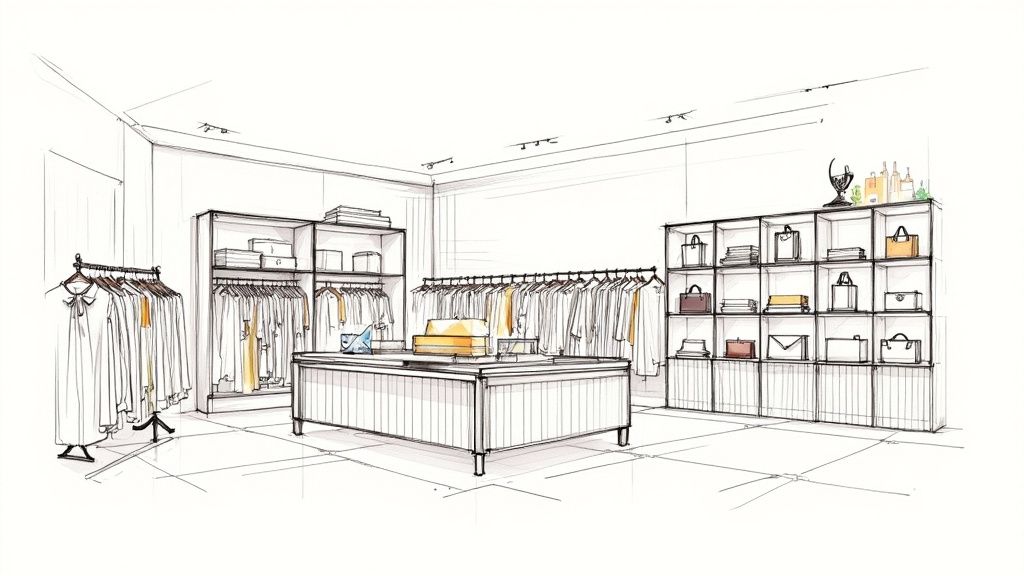 Modern boutique interior sketch showing clothing racks, shelving display units, and central checkout counter