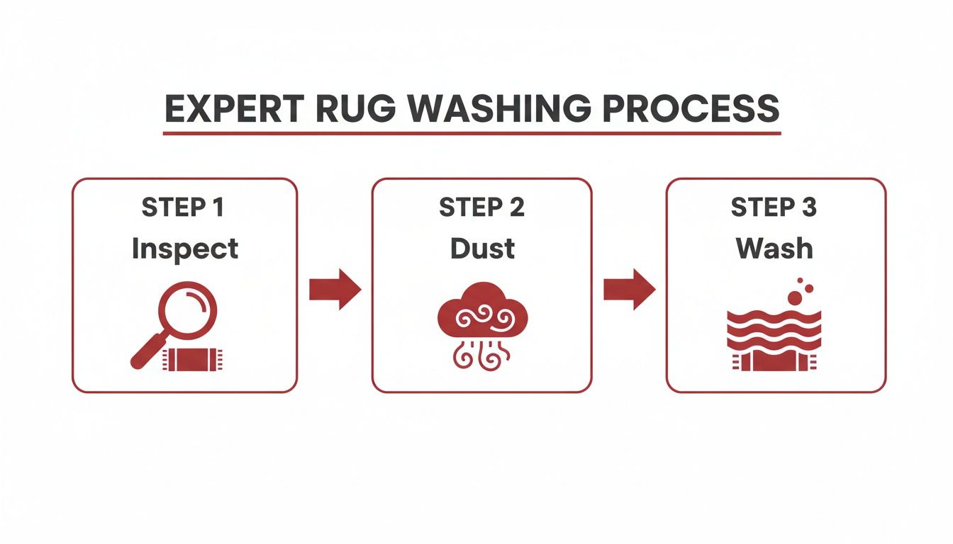A three-step diagram illustrating an expert rug washing process: inspect, dust, and wash.