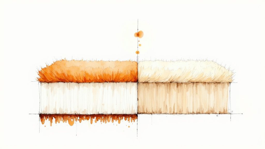 A minimalist watercolor illustration showcasing two abstract brushes, one orange and one beige, with paint drips.