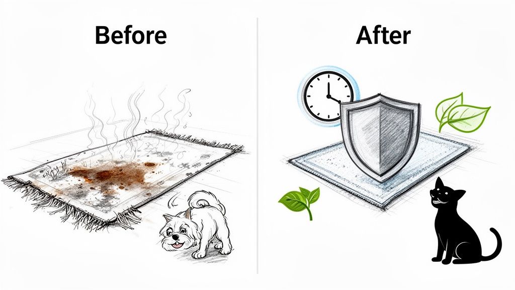 Before-after comparison shows a dirty, smelly rug with a dog, and a clean, protected rug with a cat, clock, and leaves.