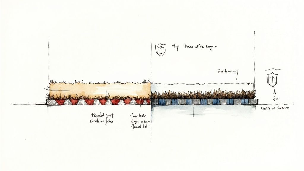 Watercolor sketch of two layered ground systems, showing grit, decorative top layers, and backing.