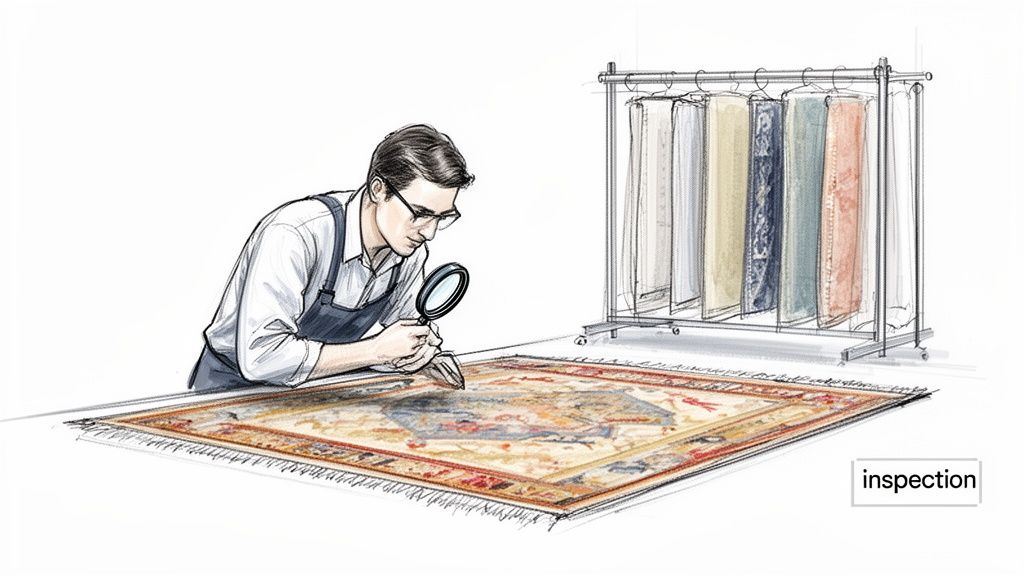 A man in an apron and glasses carefully inspects an ornate rug with a magnifying glass, indicating quality control.