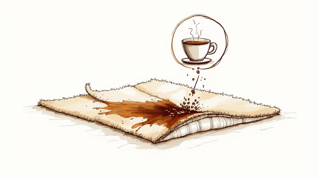 Illustration of coffee spilling and staining a beige carpet, revealing padding underneath.