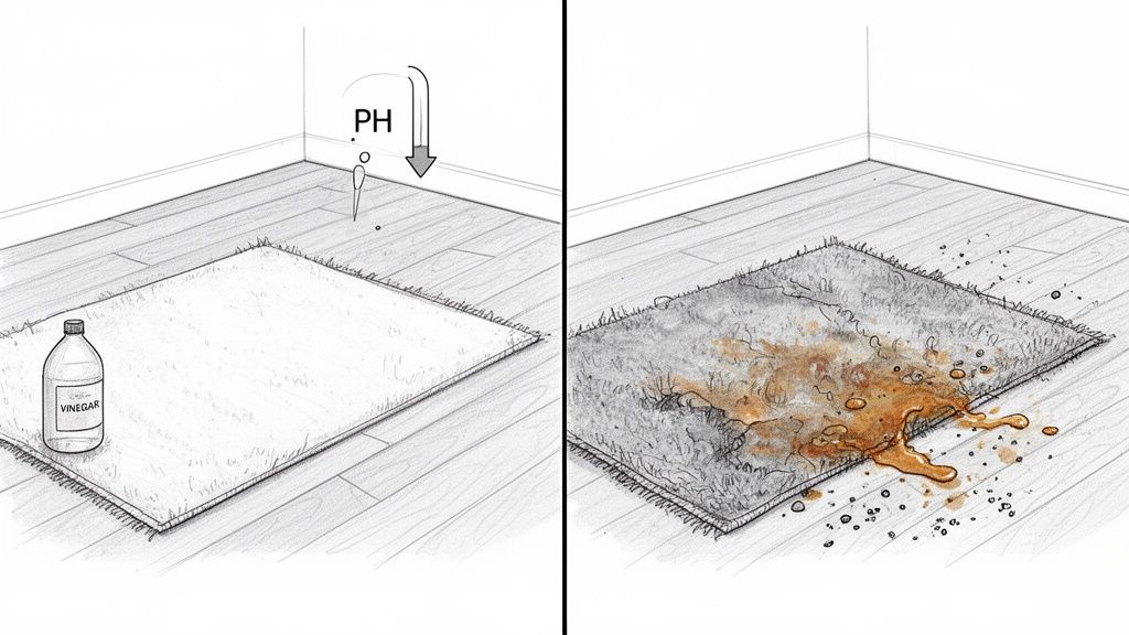 Two panels illustrating a clean rug with vinegar, contrasted with the same rug heavily stained by a brown spill.