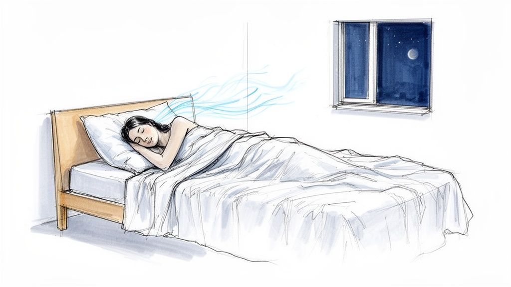 Illustration of a woman sleeping soundly in a bed with cool air, under a starry night sky.