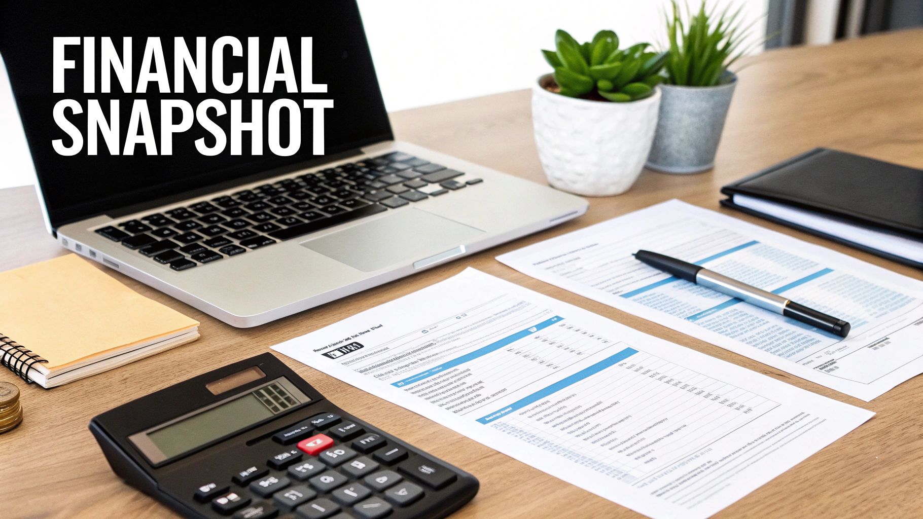 A financial snapshot displayed on a laptop screen with documents, a calculator, and office supplies on a wooden desk.