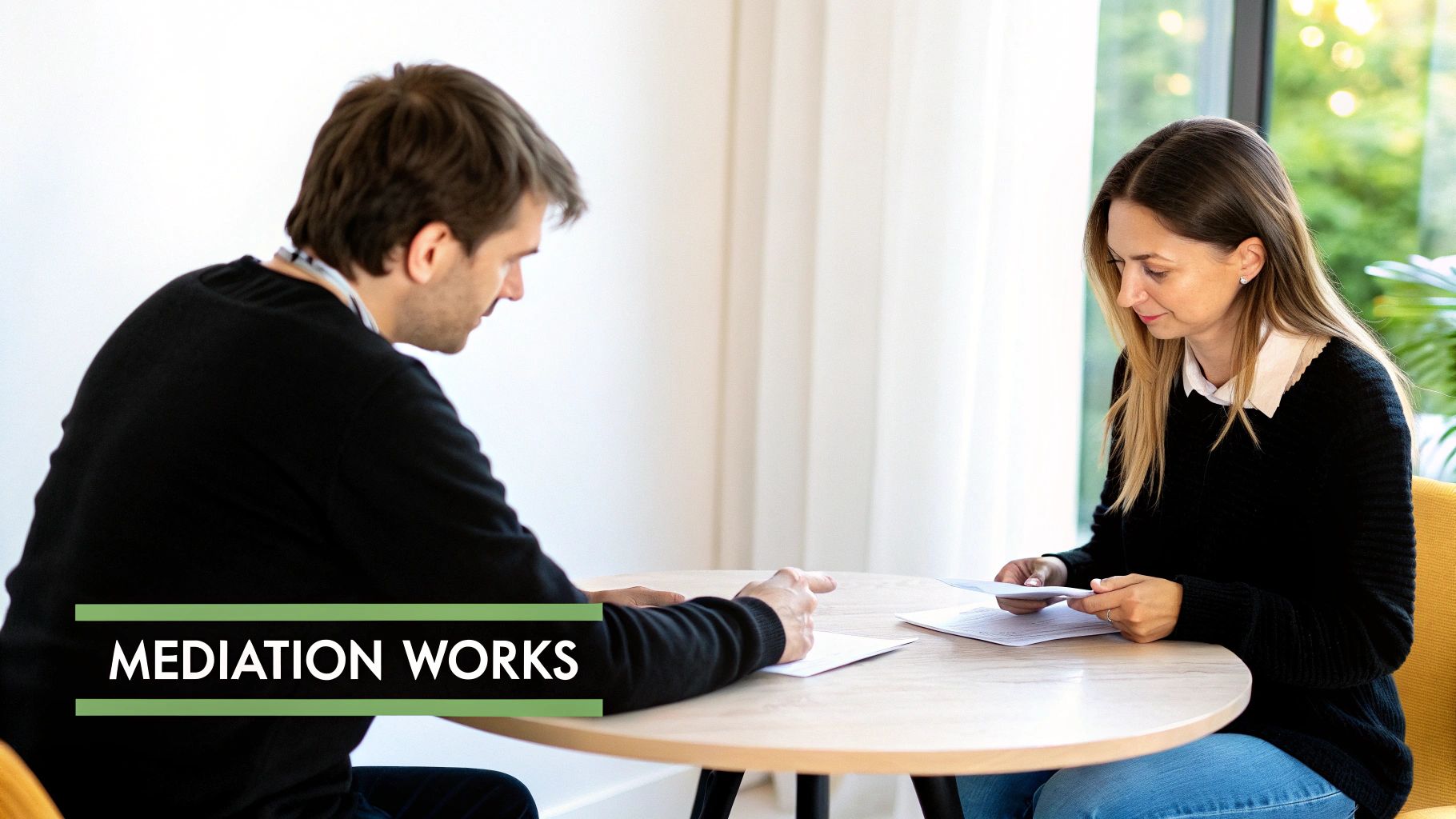 Two individuals engaging in a mediation session, reviewing papers at a table with the text 'MEDIATION WORKS'.