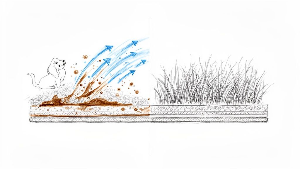 Illustration shows a dog on a dirty rug undergoing steam cleaning, contrasted with a fresh, clean rug.