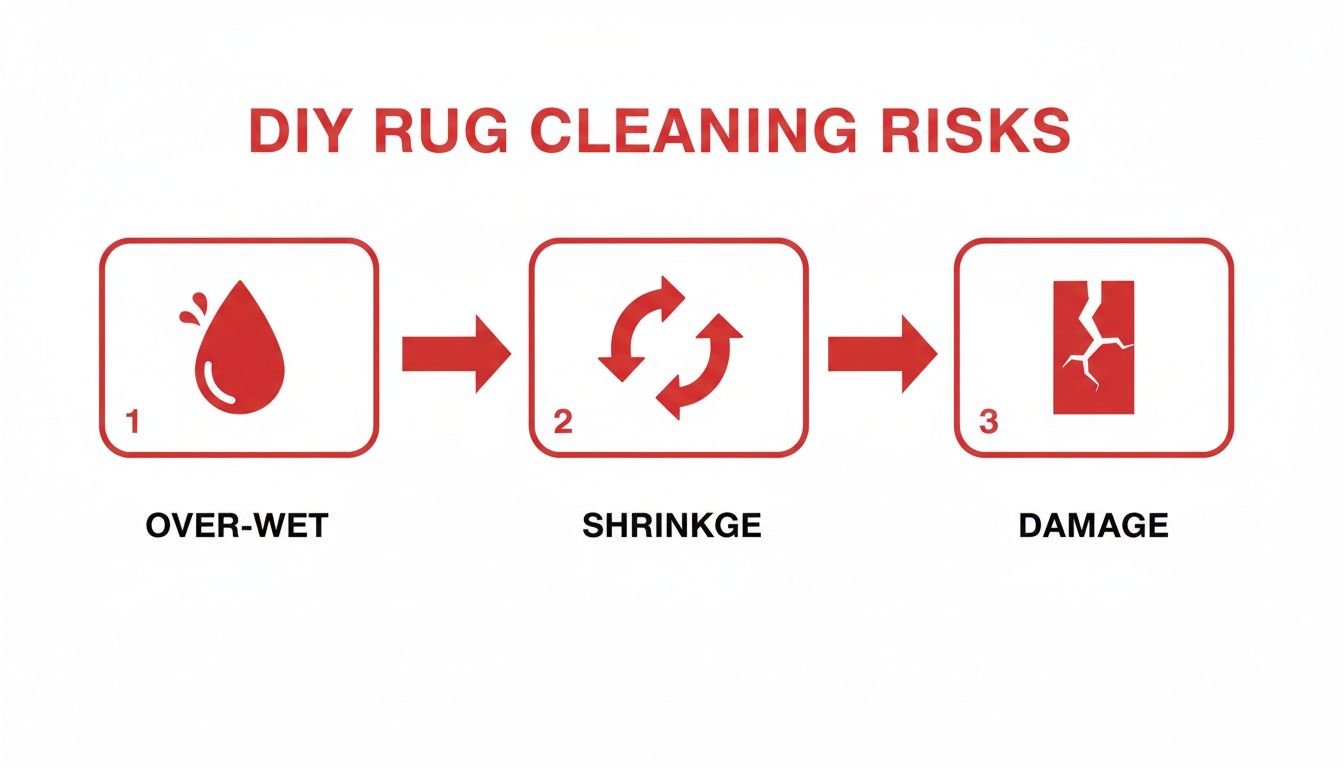 Infographic illustrating DIY rug cleaning risks: over-wetting leads to shrinkage and ultimately rug damage.