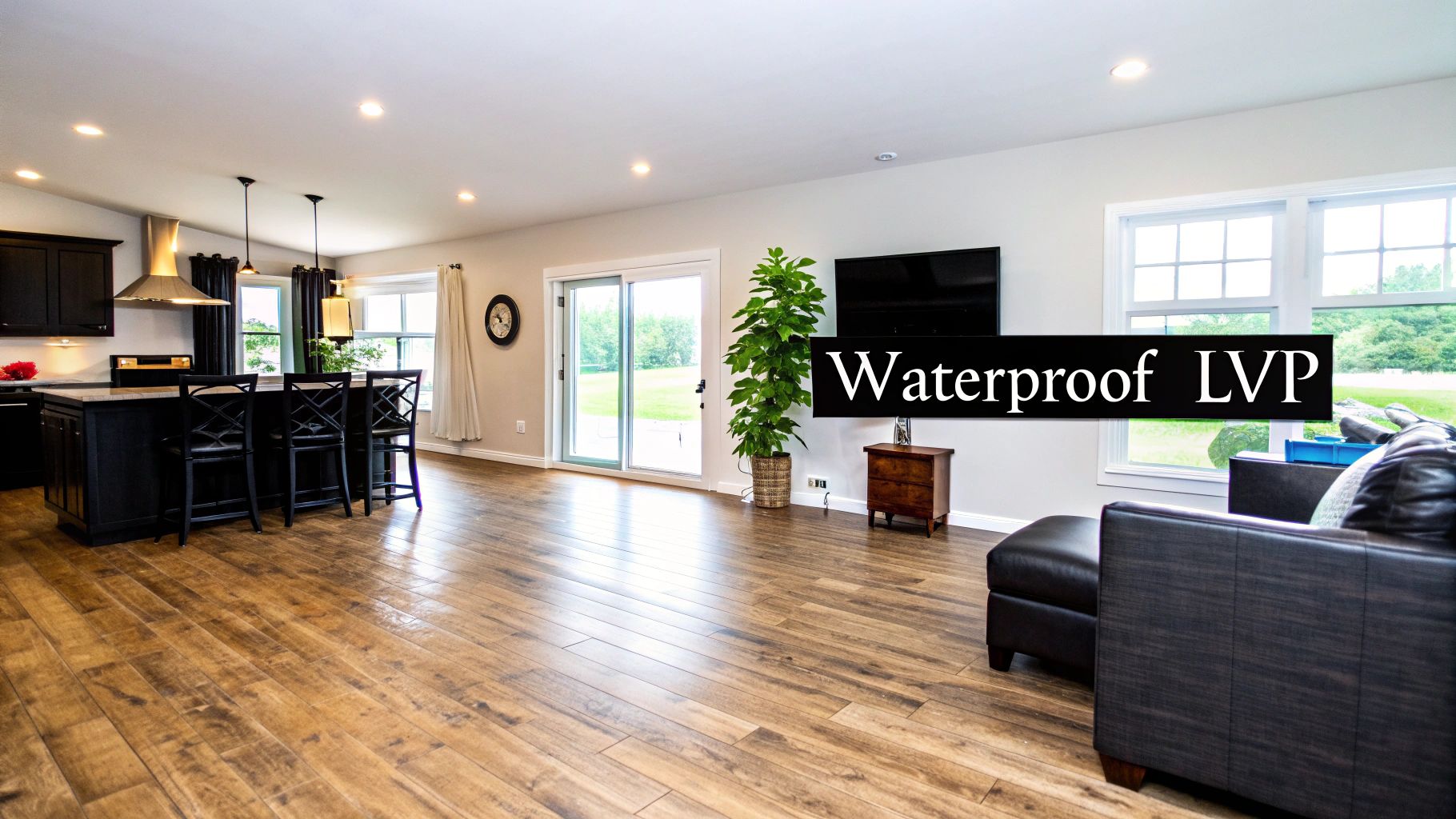 Stylish open-plan kitchen and living area with waterproof LVP wood flooring.