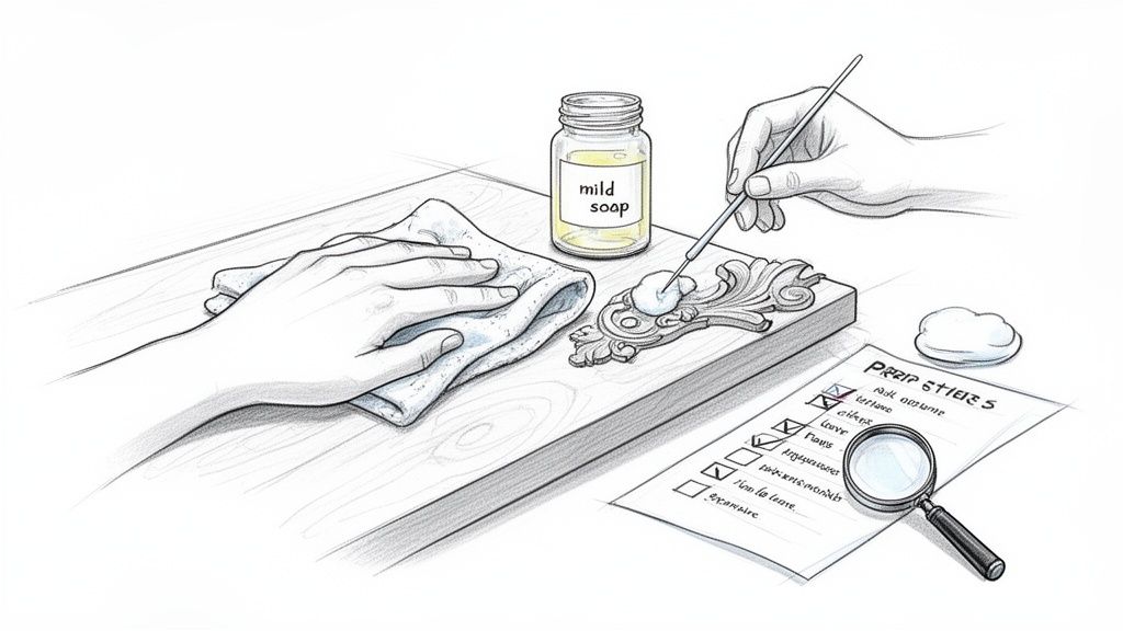 Hands carefully clean an ornate antique furniture piece with mild soap, following a restoration checklist.