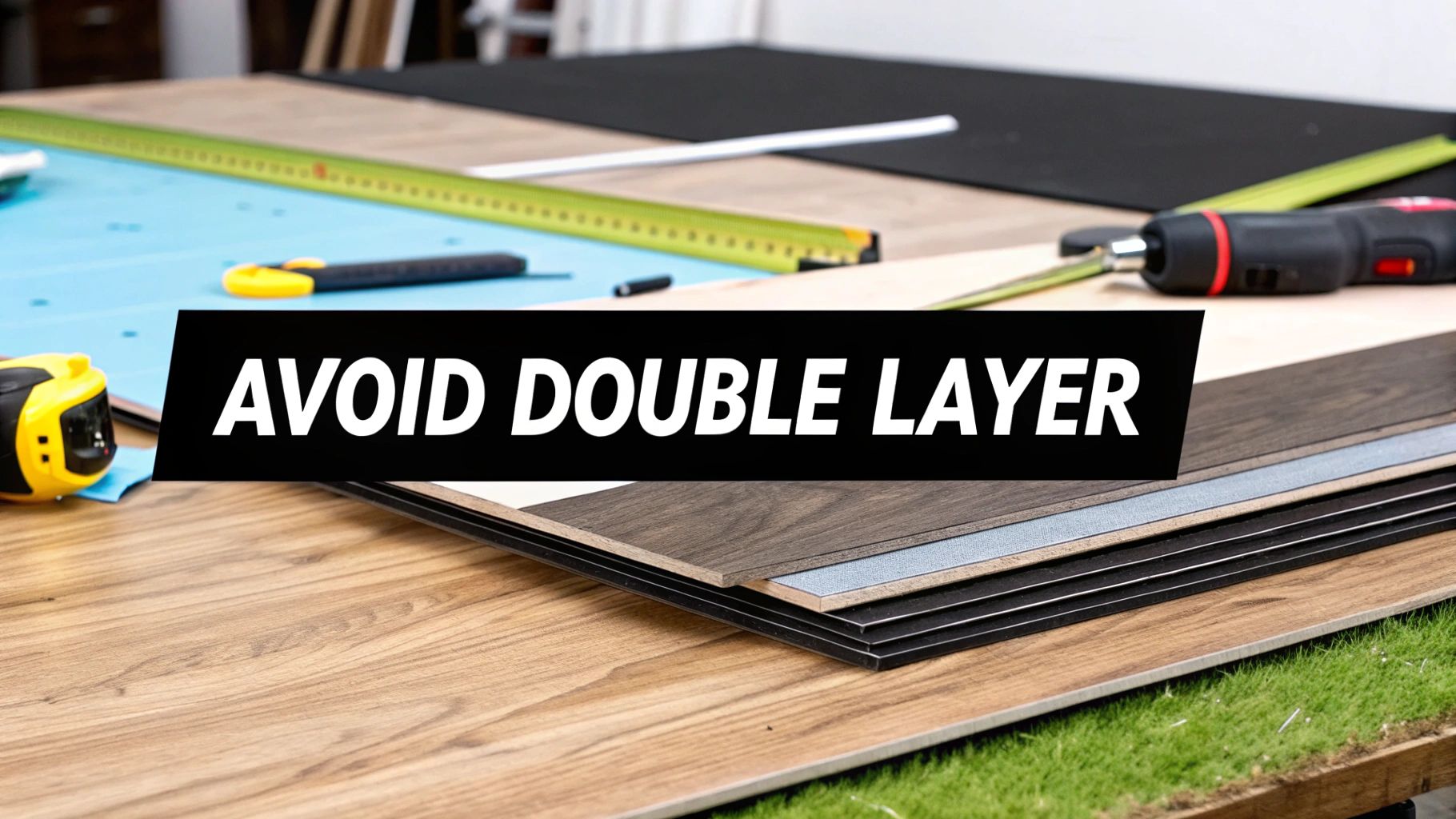 A display of various flooring materials, underlayment, and tools, with a black banner stating 'AVOID DOUBLE LAYER'.