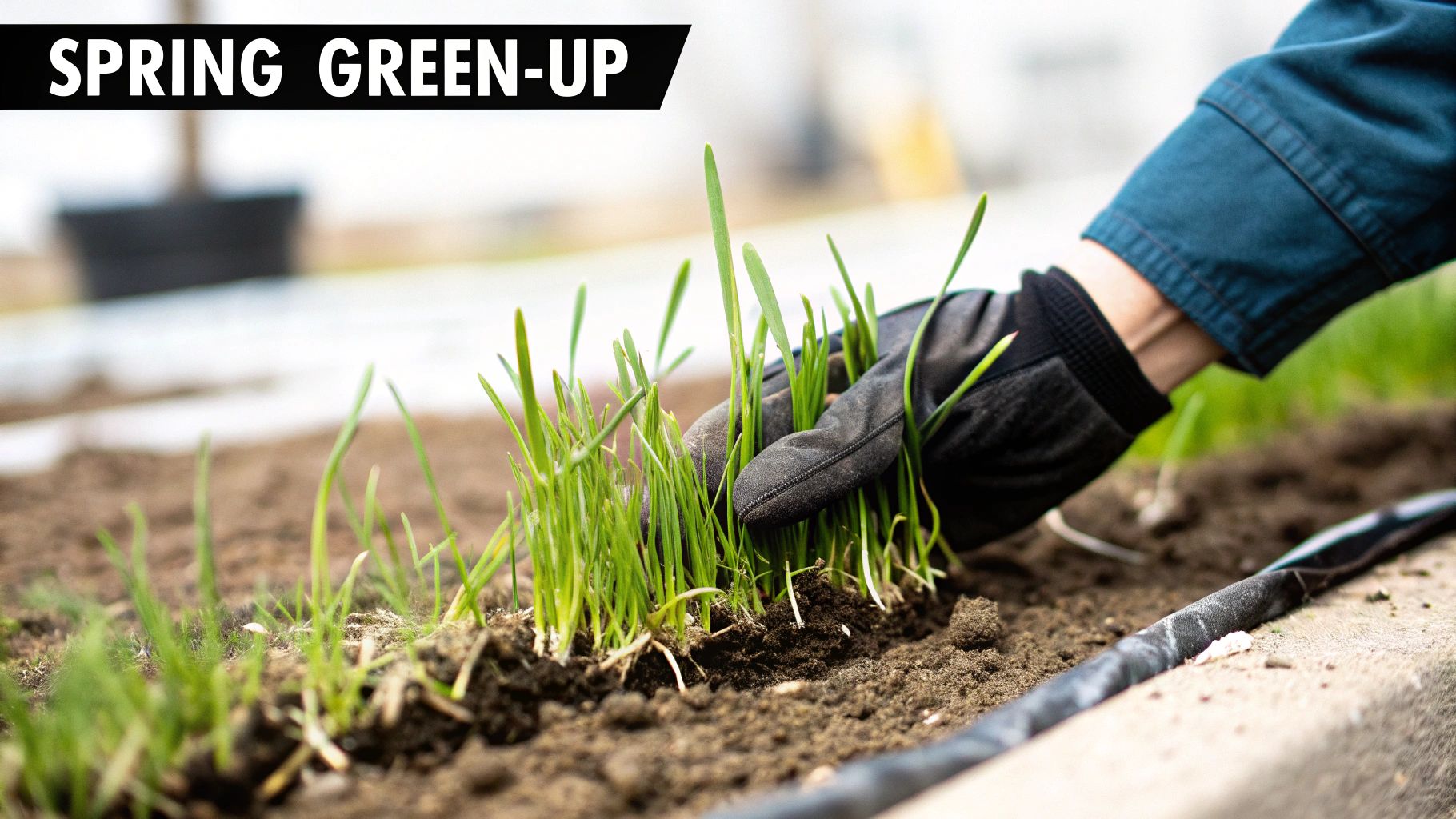 A gloved hand tending to small green plants growing in brown soil, with "SPRING GREEN-UP" text.