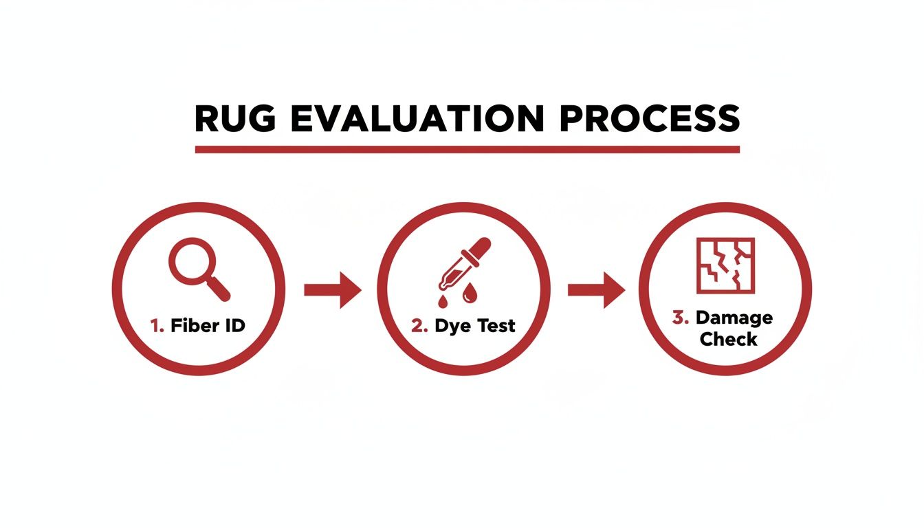 An infographic showing the rug evaluation process: Fiber ID, Dye Test, and Damage Check steps.