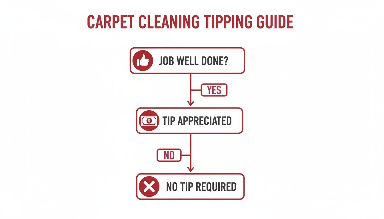A carpet cleaning tipping guide flowchart showing: 'Job well done?' leading to 'Tip appreciated' or 'No tip required'.