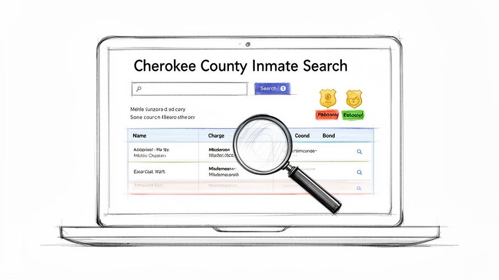 A sketched laptop displaying a Cherokee County Inmate Search website with a search form, results, and a magnifying glass.