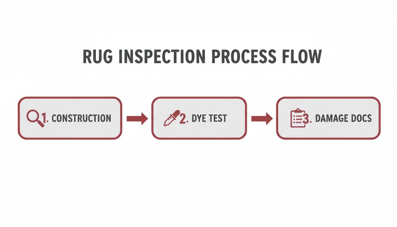A flowchart illustrates the rug inspection process with three steps: Construction, Dye Test, and Damage Docs.