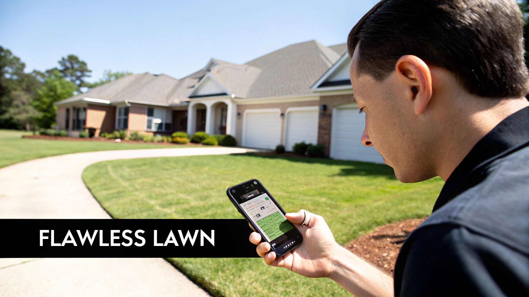 A man uses a smartphone app for lawn care, standing in front of a house with a flawless green lawn.