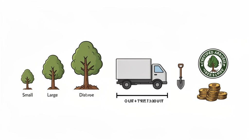 Illustration of small, large, and extra-large trees, a truck, shovel, arborist logo, and stacked coins.