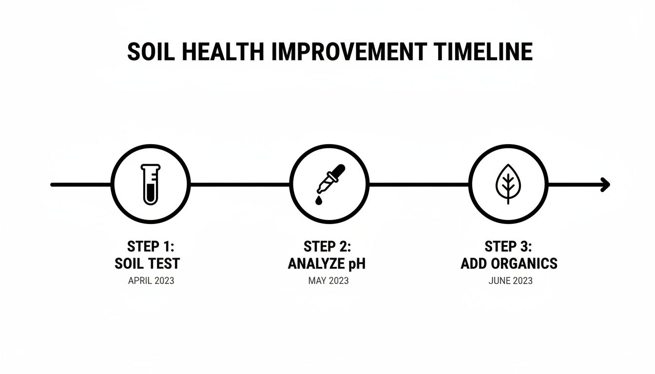 A timeline for soil health improvement showing steps: soil test, pH analysis, and adding organics.