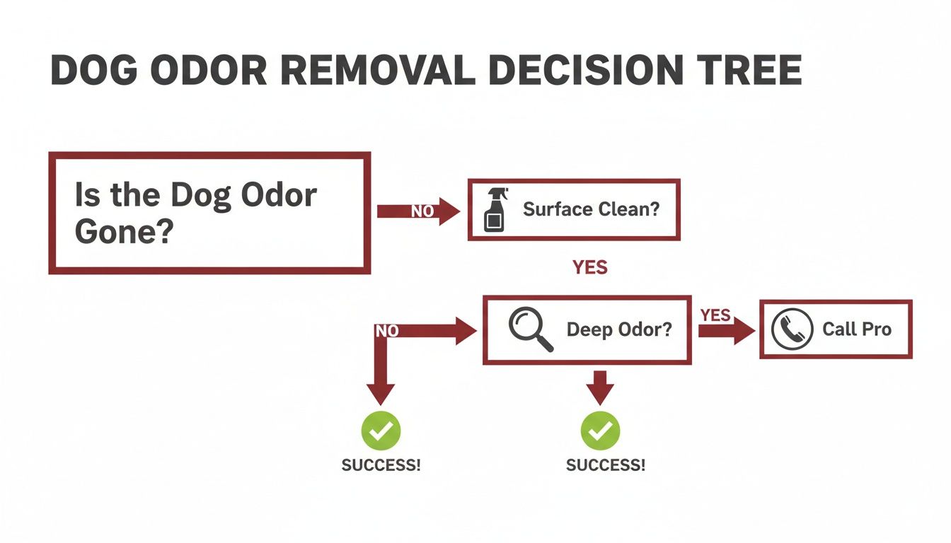Flowchart showing a dog odor removal decision tree, detailing steps from surface cleaning to calling a pro.